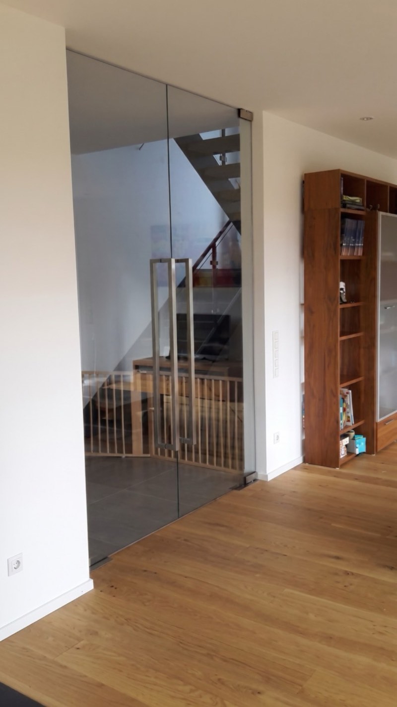 Rahmenlose Ganzglastür mit Edelstahlgriff im Wohnraum